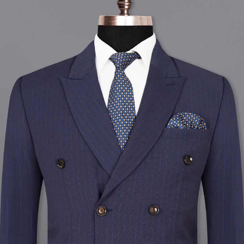 Fashion Style Tuna Blue Striped Double-Breasted Wool Rich Blazer