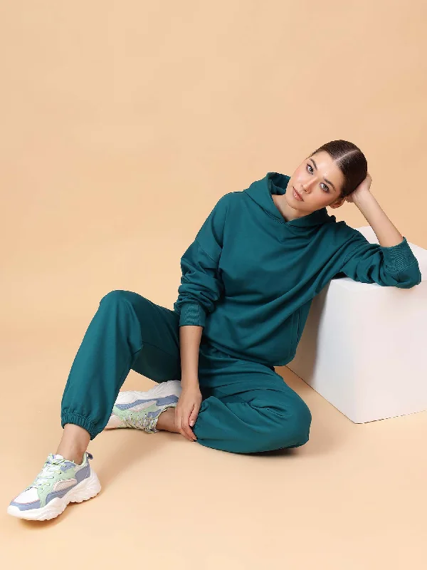 Lively And Youthful Fitkin Women Solid Teal Green CozyCore Fleece Hoodie
