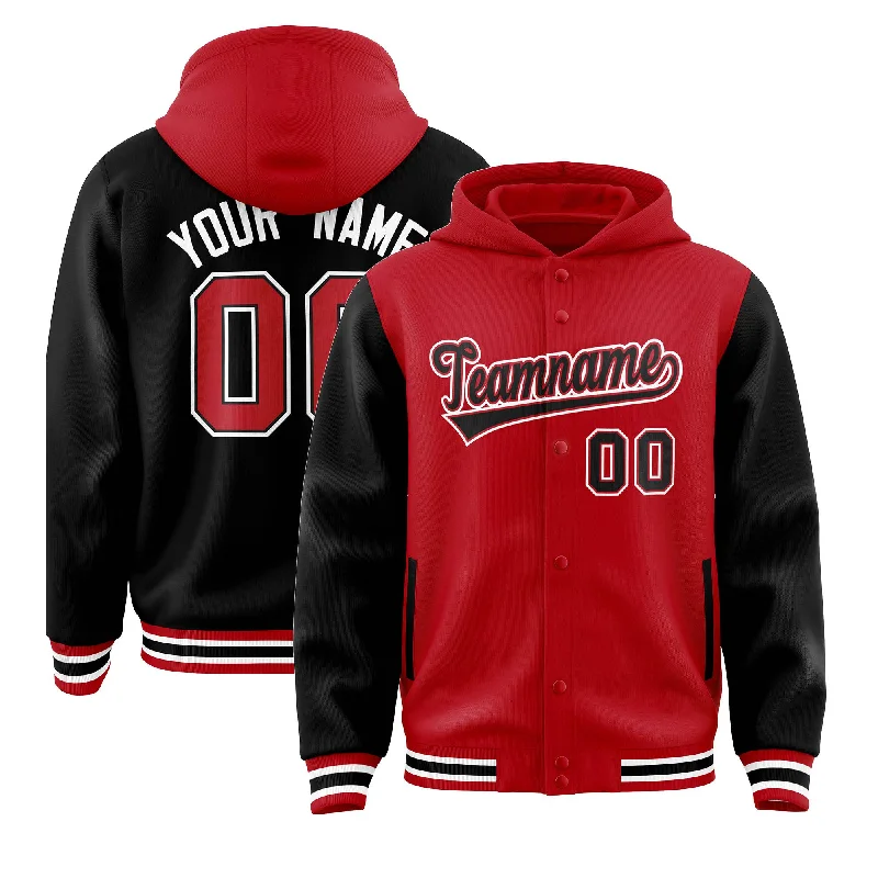 Quality Tailoring Custom Red Black Raglan Sleeves Varsity Full-Snap Letterman Two Tone Jacket Hoodie Quality Tailoring Custom Red Black Raglan Sleeves Varsity Full-Snap Letterman Two Tone Jacket Hoodie