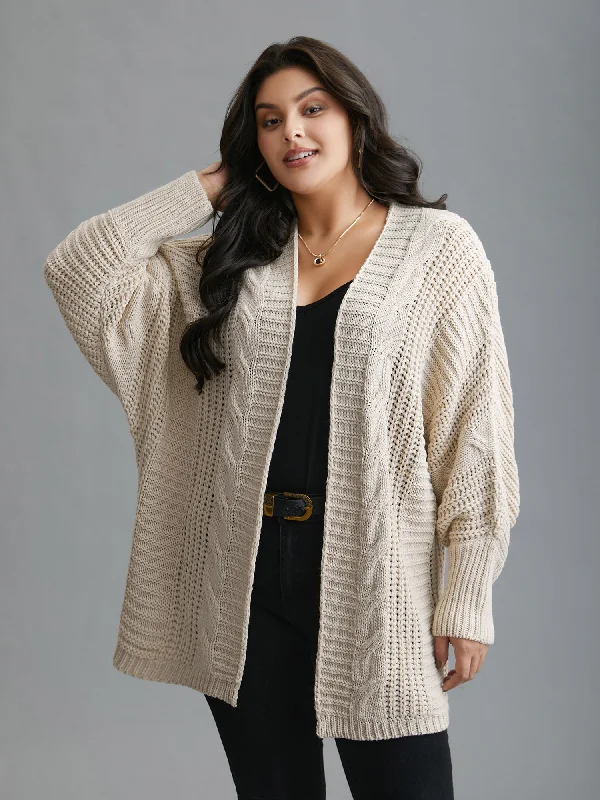 Simple research Cable Knit Open-Front Ribbed Knit Cardigan