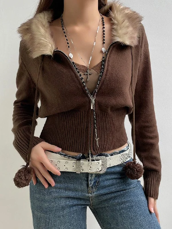 Retro Style Cropped Design Zip-Up Cardigan