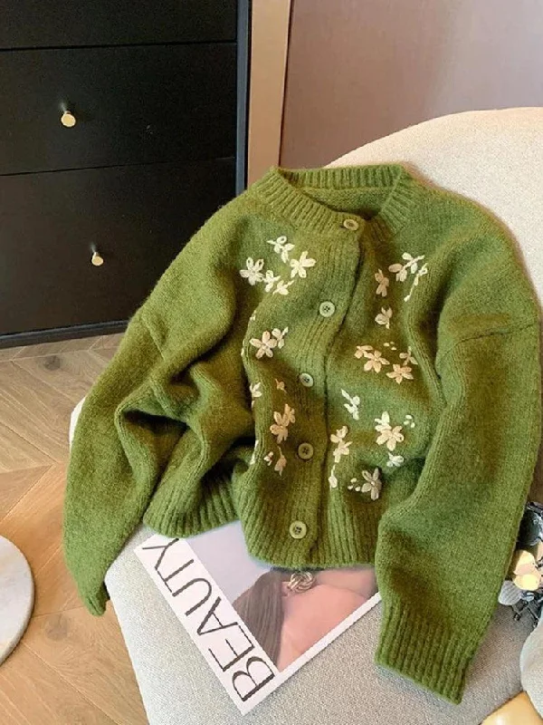 Street Vertical And Horizontal Design Vintage Daisy Embroidered Knitted Cardigan