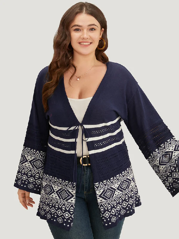 Casual Comfort Bandana Print Geo Eyelet Ties Front Cardigan