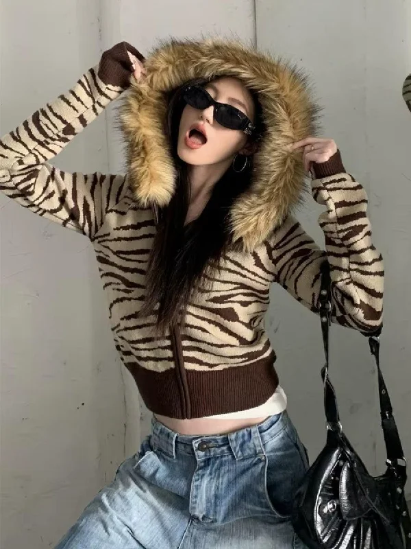 Windbreaker fashion Y2K Zebra Hooded Cardigan