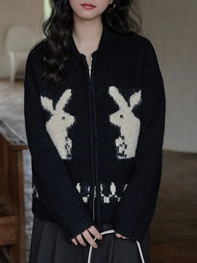 Street Show-off Style Rabbit Knitted Zip Cardigan