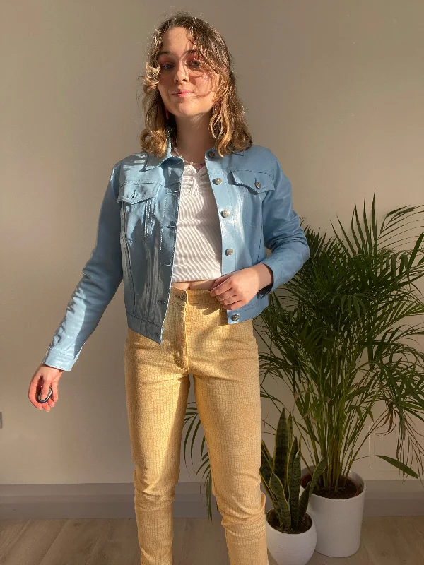 Retro Prints Blue Leather Jacket (XS)