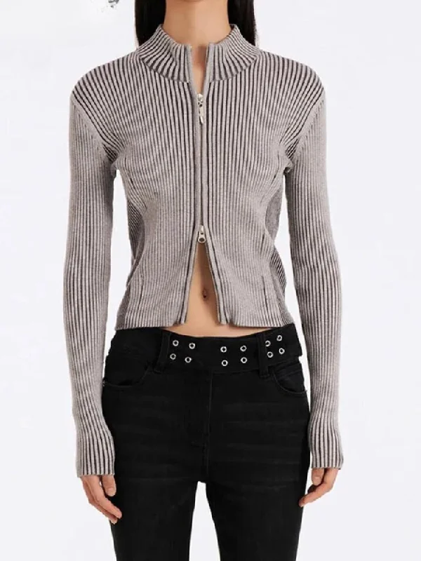 Floral Prints Double Zip-Up Distressed Corduroy Cardigan