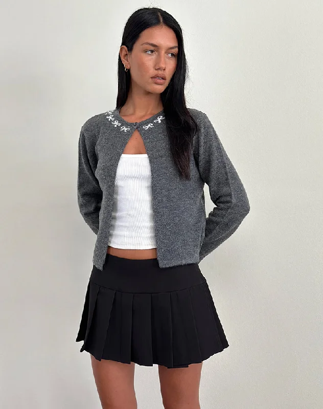 Retro Literary Style Wunara Cardigan in Grey with Ivory Bows