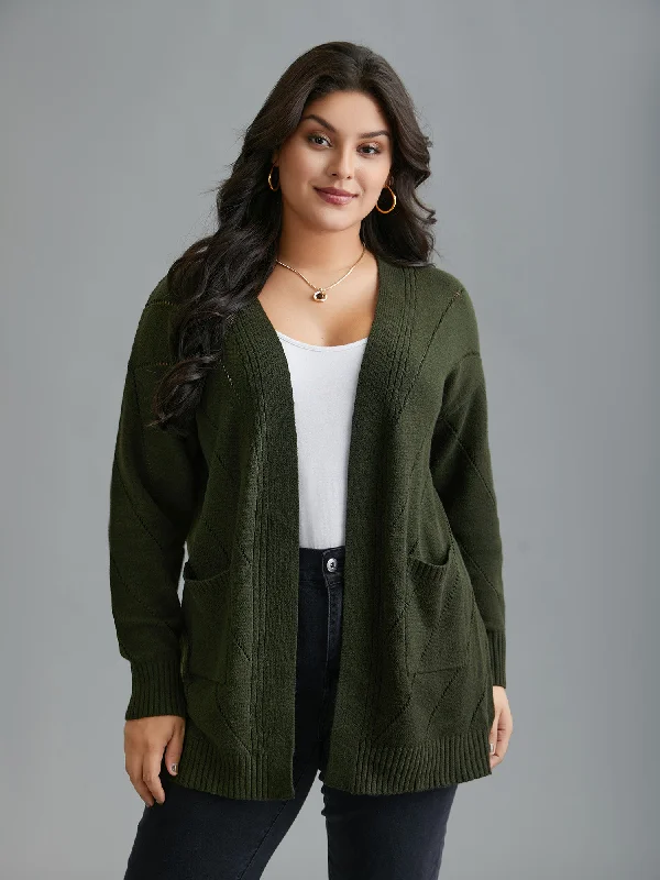 Printing decoration Cable Knit Open-Front Pocket Knit Cardigan