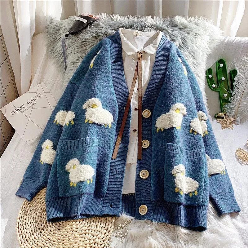 Elegant And Simple Sheep Embroidery Knitted Cardigan