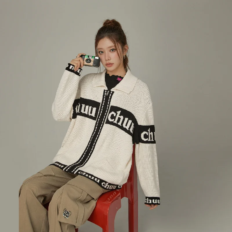 Casual And Casual Lettering Color Block Logo Cardigan