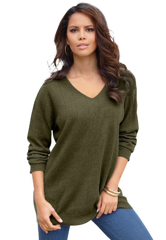 Street Fashion Fine Gauge Drop Needle V Neck Sweater
