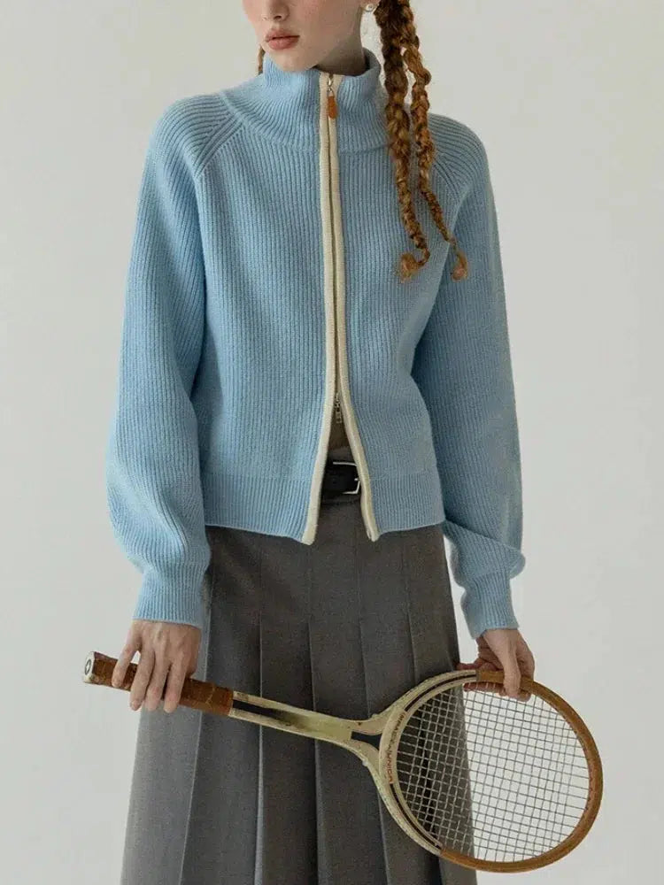 Elegant Style Ribbed Double Zip-Up Cardigan