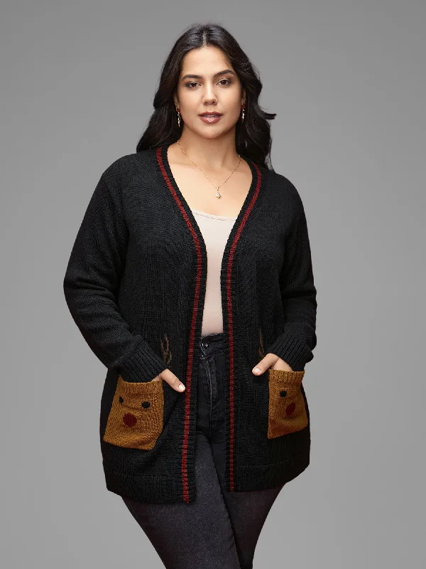 Double-sided Wear Reindeer Pockets Contrast Placket Open Cardigan