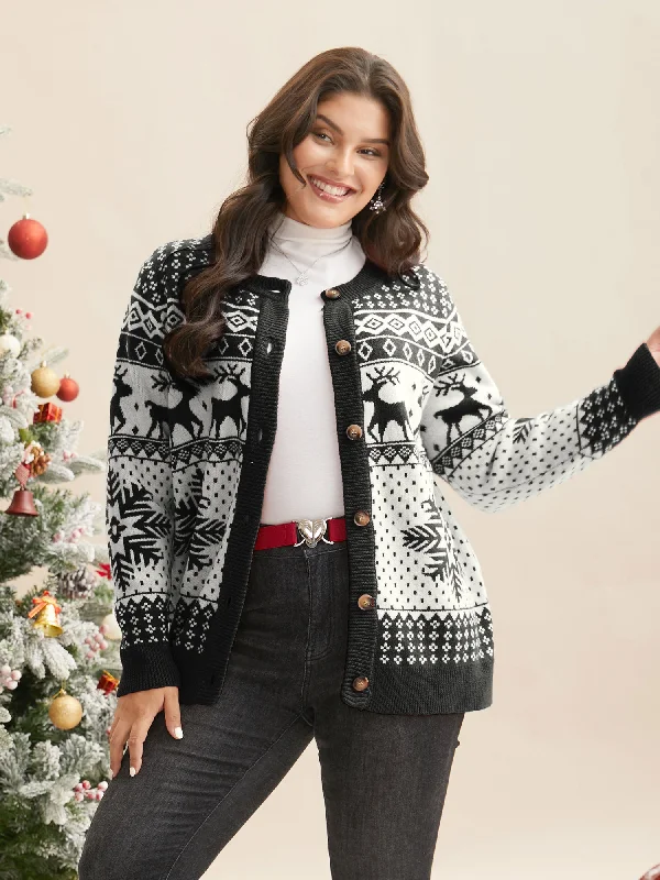 Noble And Elegant Reindeer And Snow Pattern Button-Front Cardigan