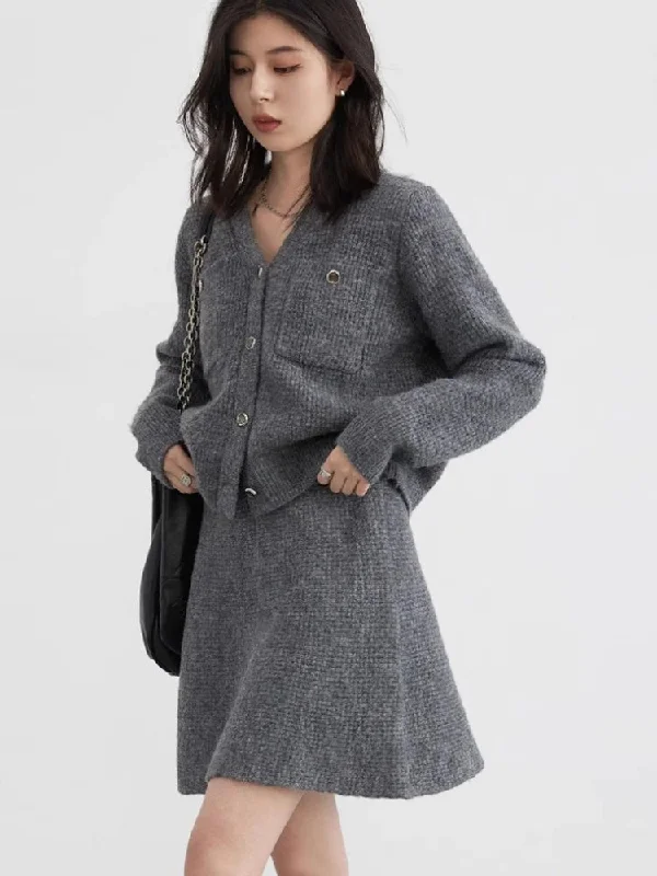 Advanced Customization Knitted Button-Up Cardigan & Mini Skirt Two Piece Set