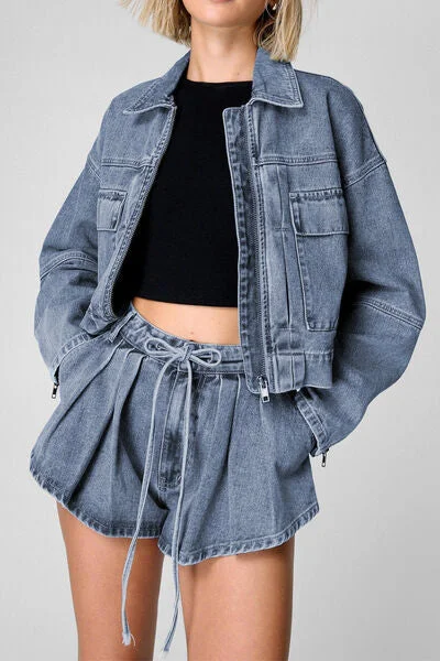 High-end Design Zip Up Jacket and Drawstring Shorts Denim Set