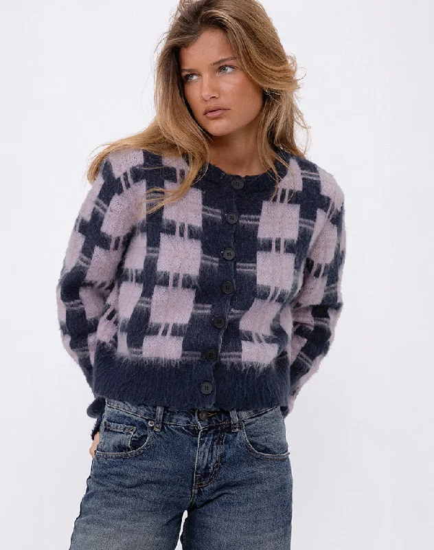 Warm Wear Anzio Button Up Cardigan In Multi Check Navy and Pink