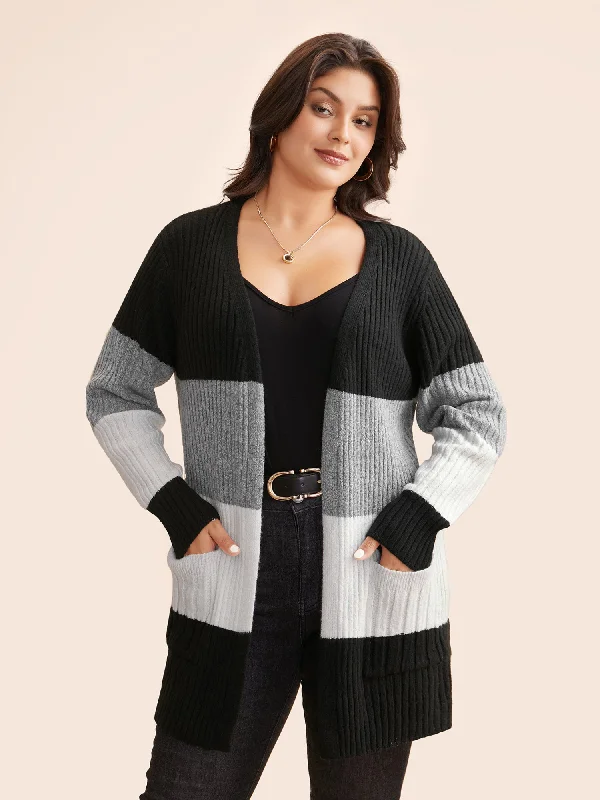 Noble Temperament Colorblock Contrast Patched Pocket Cardigan