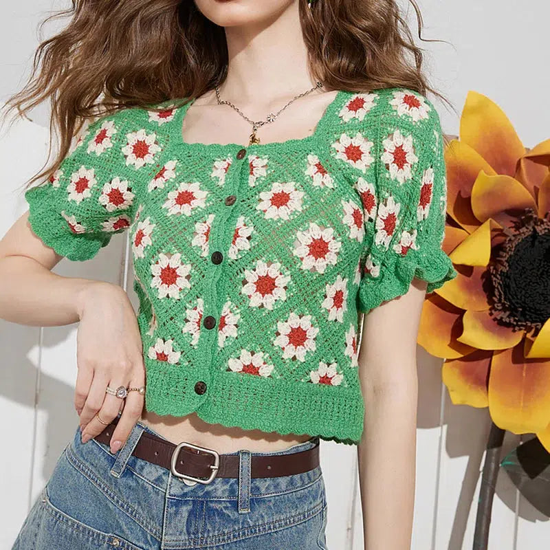 Fashionable and casual Cottagecore Floral Crochet Cardigan