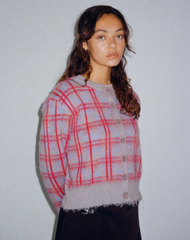 Free and comfortable Anzio Button Up Cardigan in Multi Check Grey Blue and Red