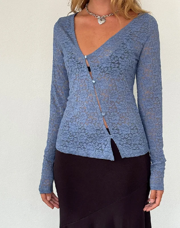 Street Sports Style Zatin Asymmetrical Cardigan in Moonlight Blue Lace