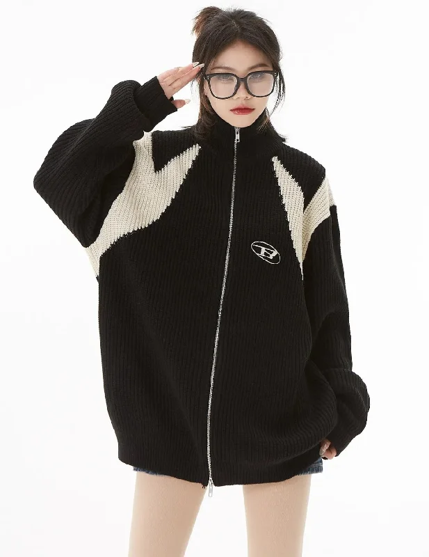 Printed pattern Turtleneck Zip-Up Loose Cardigan