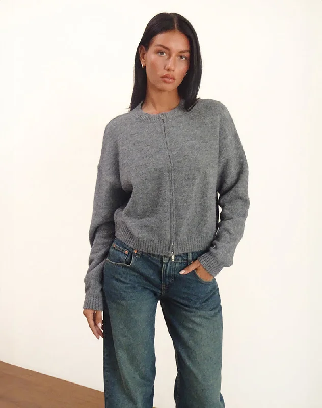 Literary Style Maira Zip Through Jacket in Knit Grey