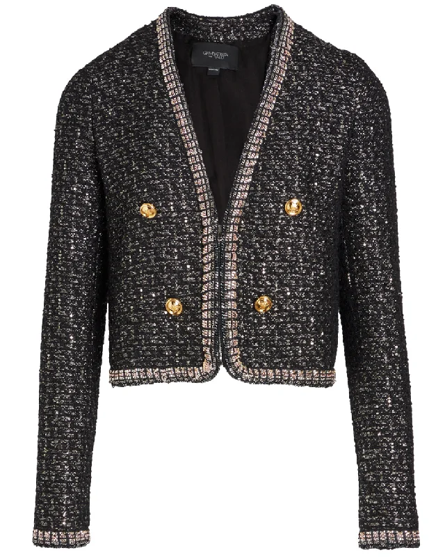 Multifunctional Style Black and Silver Micro Sequin Boucle Jacket