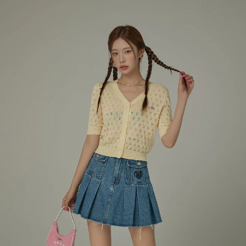 Timeless Comfort Heart Eyelet Short Sleeves Knit Cardigan