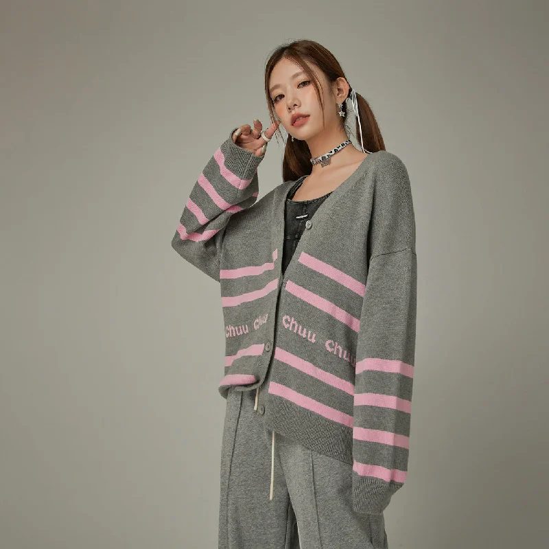 Bright Colors Lettering Striped Knit Cardigan