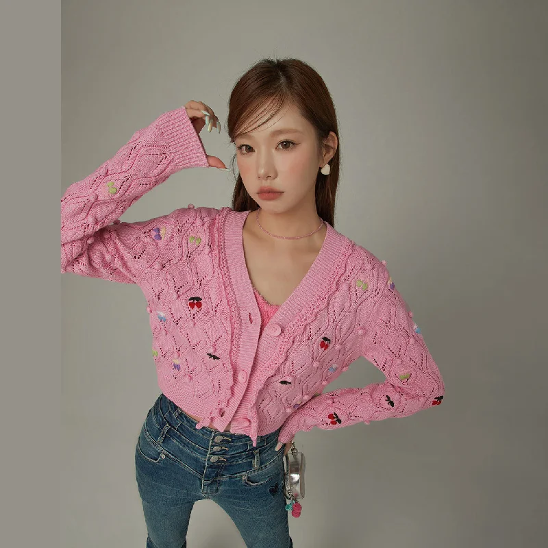 Free And Casual Cherry Knit Color Cardigan