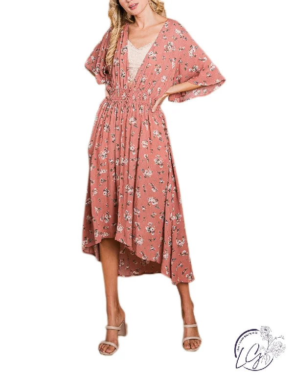 Relaxed Fit FLORAL HI-LOW CARDIGAN WITH SMOCKED WAIST