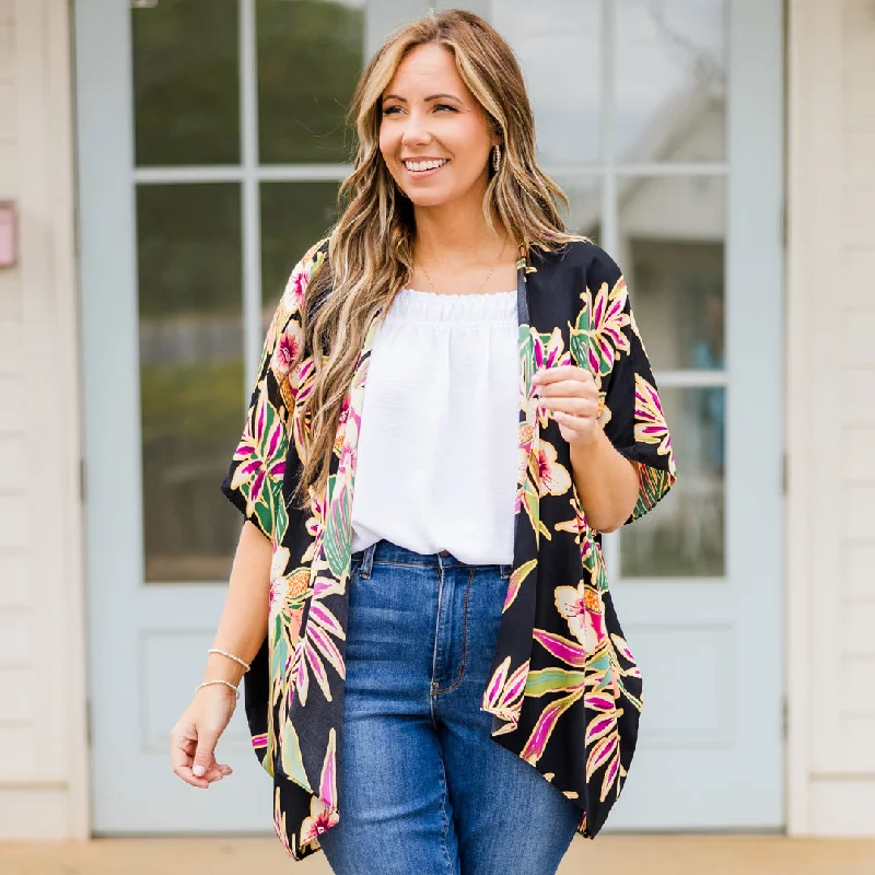 Easy Style Island Breeze Kimono, Black Floral