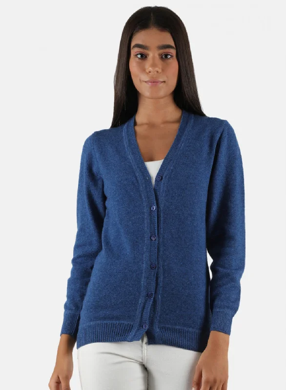 Embroidered Letters Women Blue Solid Cardigan