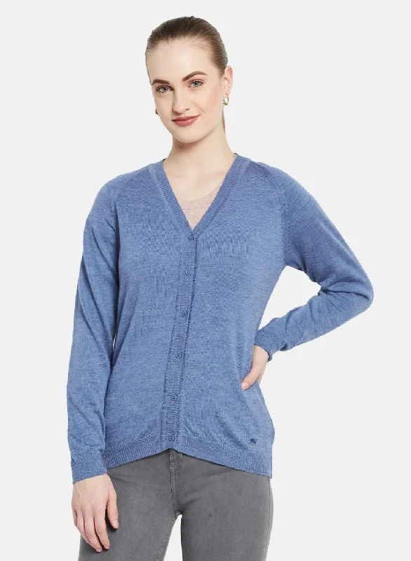 Slightly Flared Design Women Blue Solid Cardigan
