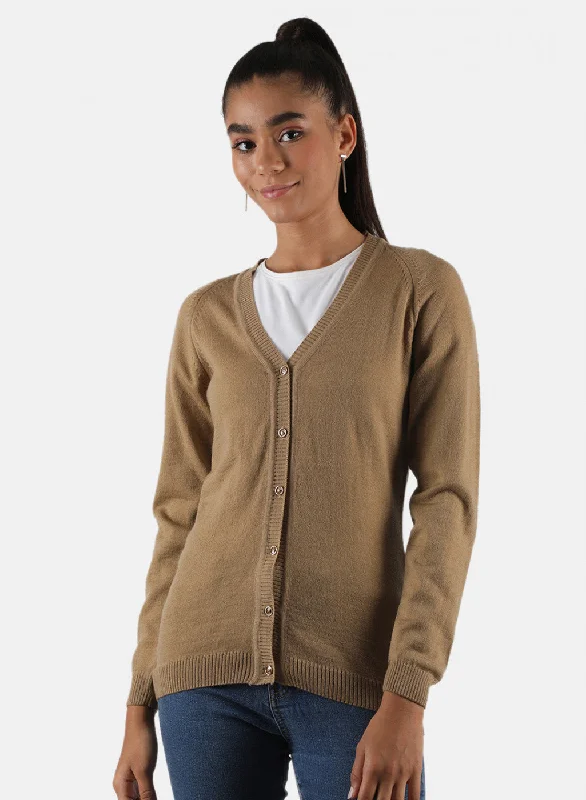 Elegant Temperament Women Brown Solid Cardigan