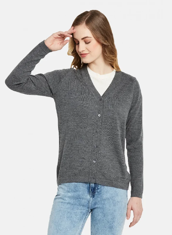 College Style Women Grey Solid Cardigan