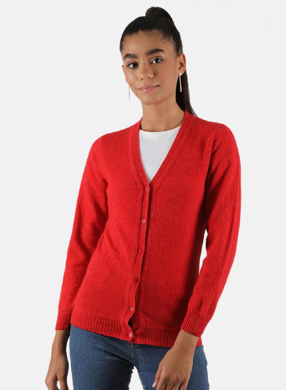 European And American Style Women Red Solid Cardigan