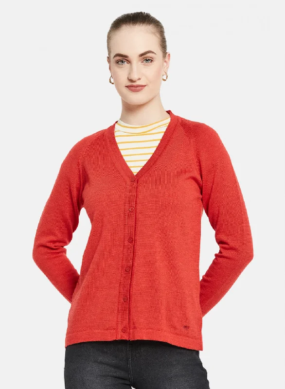 Playful Style Women Red Solid Cardigan