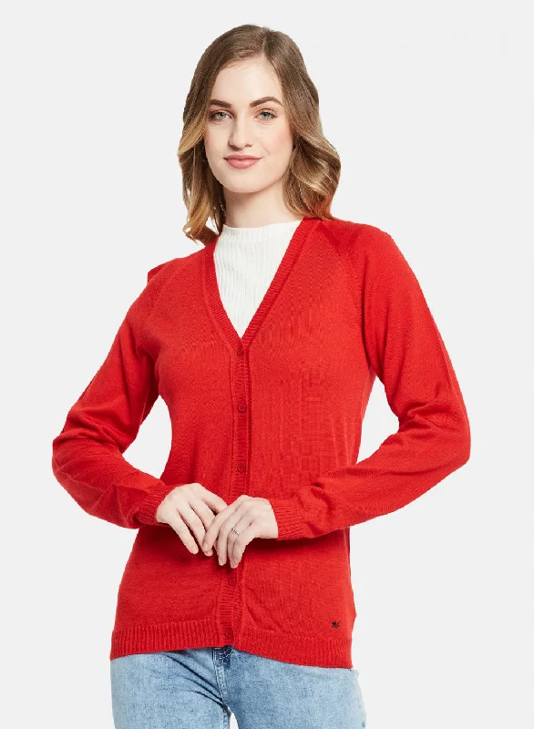 Noble And Elegant Women Red Solid Cardigan