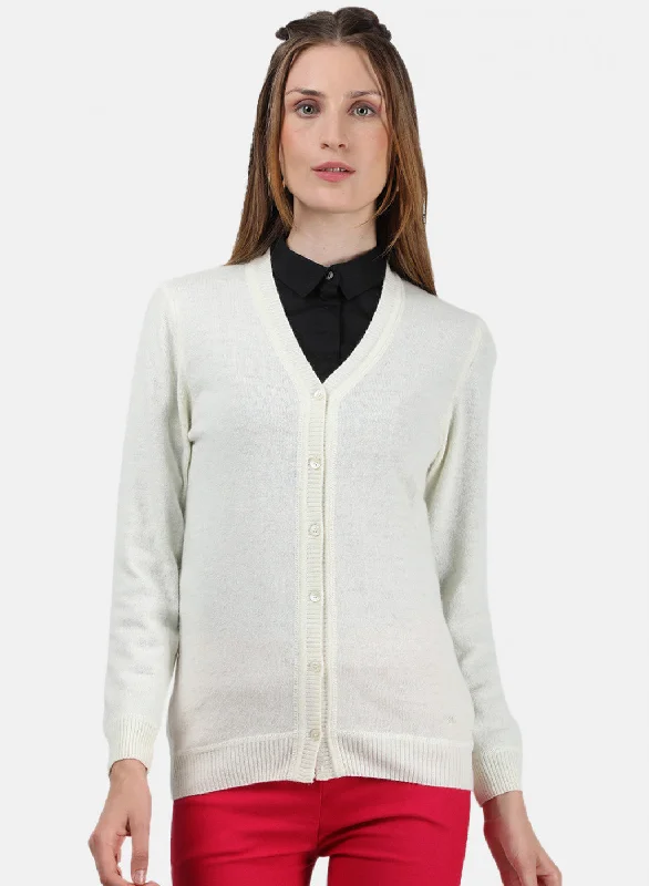 Luxury And Elegant Women White Solid Cardigan