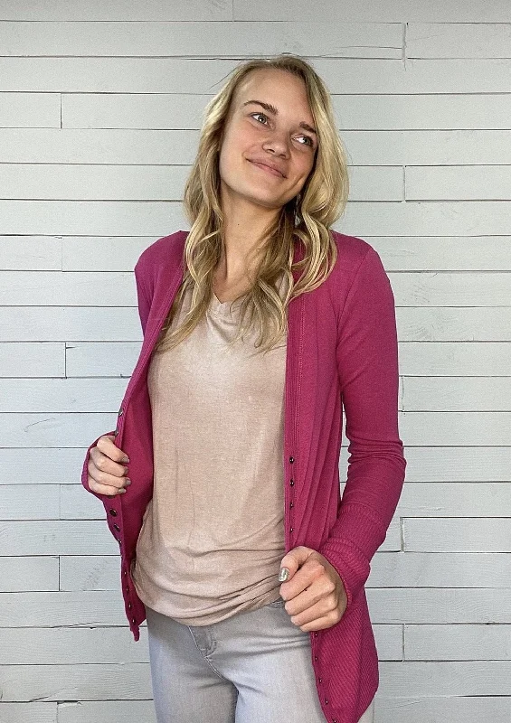 Cozy Look magenta long sleeve snap cardigan