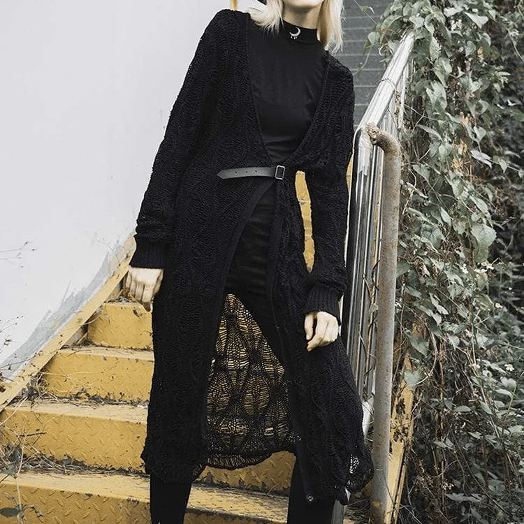 Retro Prints Women's Goth Hollow Casual Long Cardigan With Belt