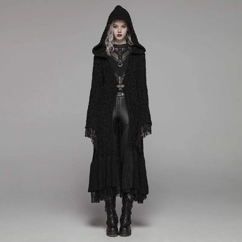Sports Trend Women's Goth Multilayer Hooded Woolen Cardigan With Lace Sleeves
