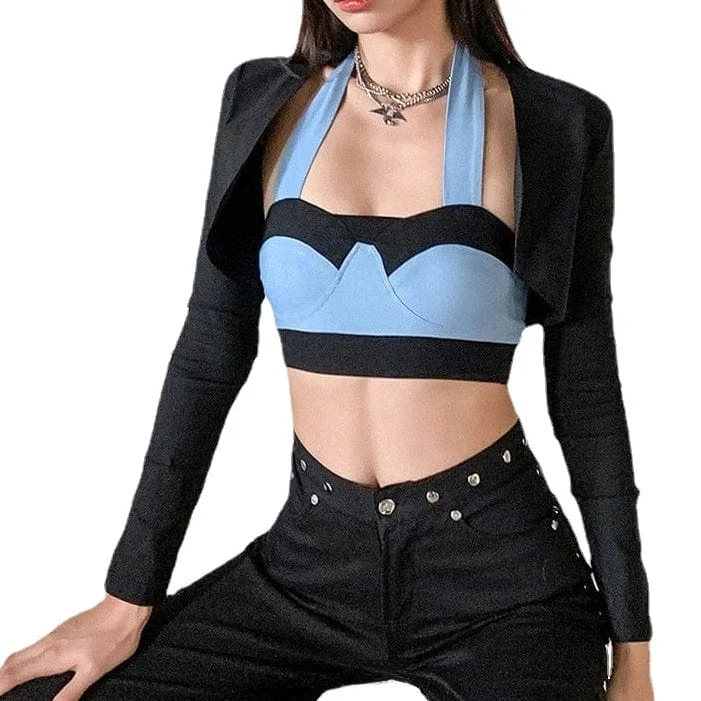 End Of The Year Women's Grunge Double Color Halter Top with Cardigan