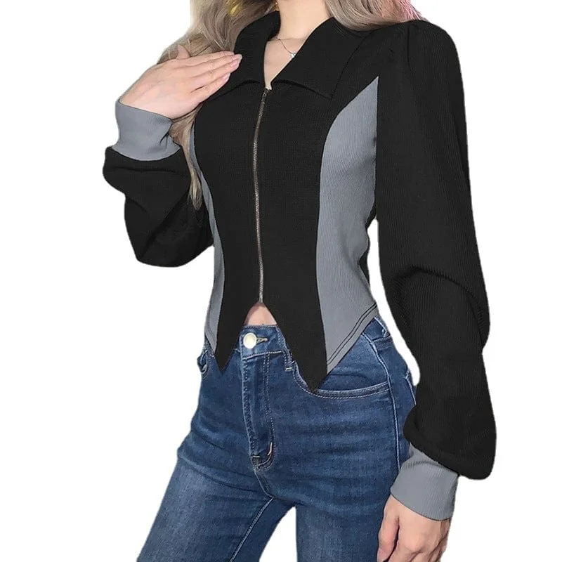Minimal Style Women's Punk Puff Sleeved Zipper Irregular Cardigan