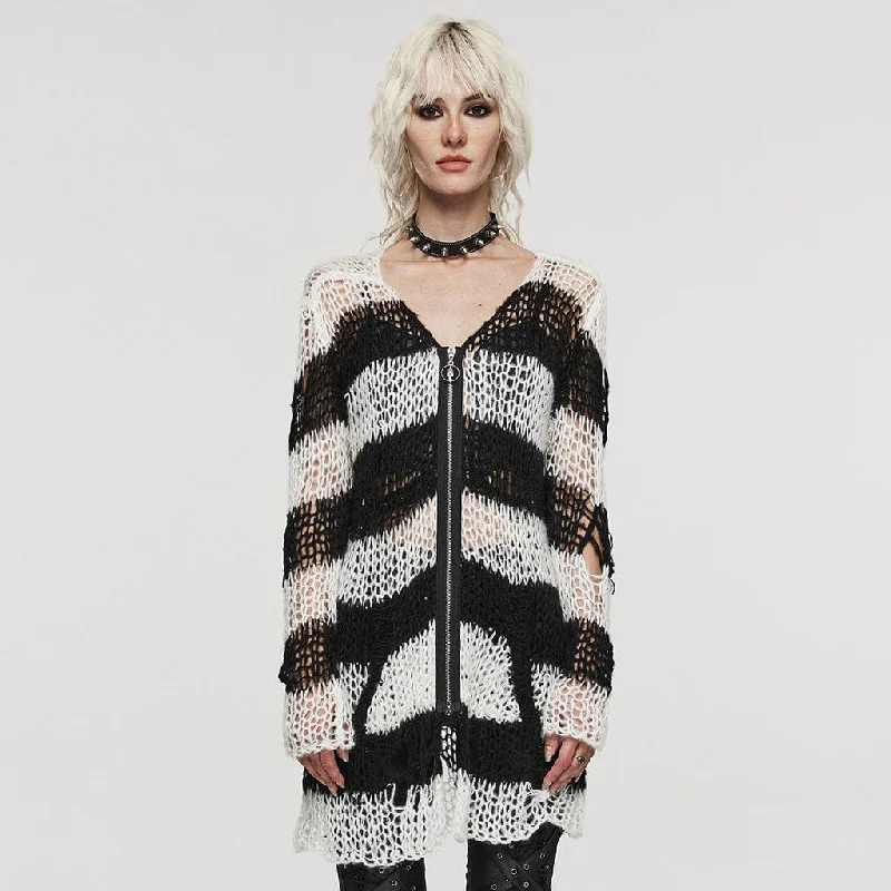 Multifunctional Style Women's Punk Striped Ripped Knitted Cardigan