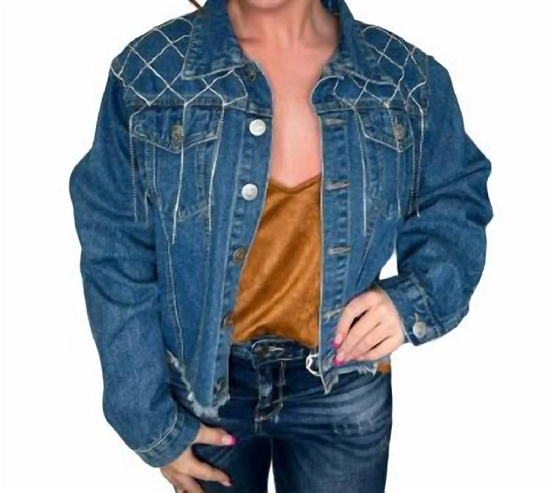 Soft Comfort Elsie Rhinestone Chain Detailed Yoke Denim Jacket In Blue