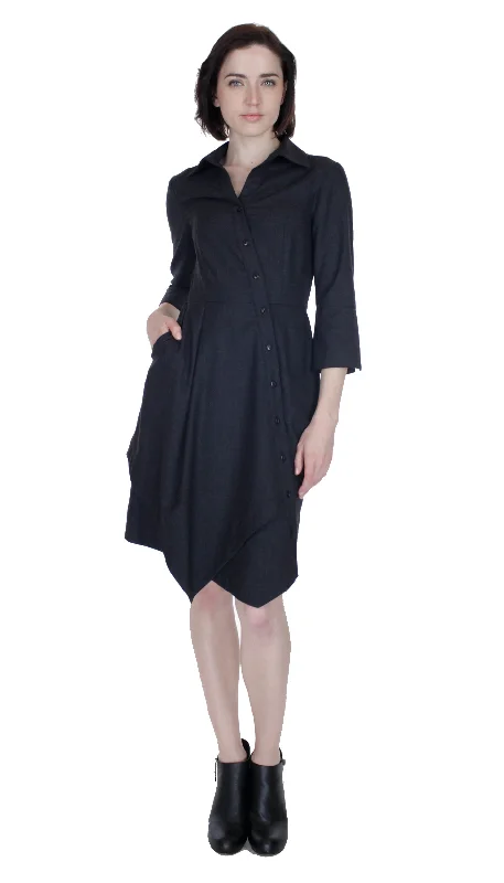 Elegant Comfort Asym Placket Double tier Shirtdress / Wool/Cashmere